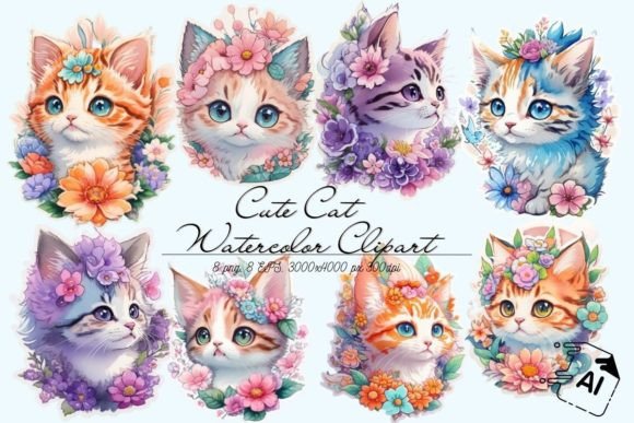 Download Cat &amp; Flowers Watercolor Stickers Vector - Flowers Collection