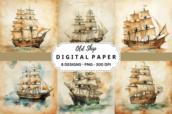 Download Watercolor Old Ship Digital Paper - Digital Collection