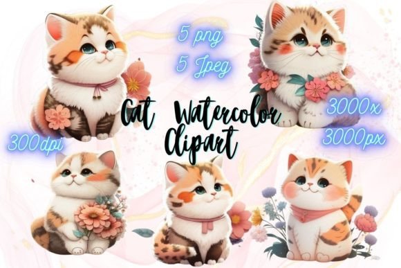 Download Cat &amp; Flowers Watercolor Stickers - Flowers Collection
