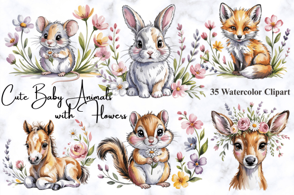Download Cute Baby Animals with Flowers Clipart - Flowers Collection